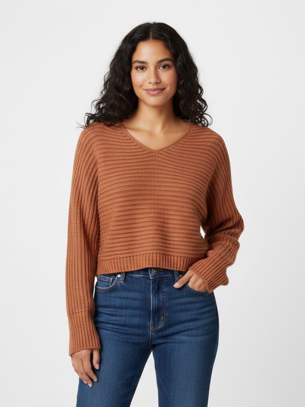 Sincerely Jules | LIKE NEW Orangish-pink horizontal knit v-neck boxy sweater